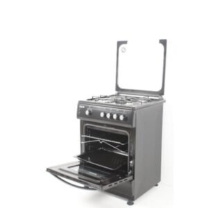 Quick Overview: 60x60cm Gas Oven. 3Gas Burners + 1 Hot Plate. Glass top lid with black border. Push button ignition for cook top. Oven Lamp. Oven Tray Turn-spit Double Glass Isulated Oven Door. 1 Oven Tray + 1 Oven Grid.