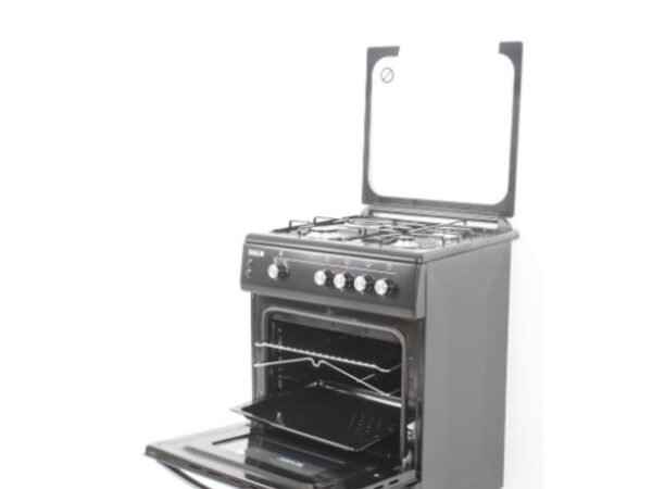 Quick Overview: 60x60cm Gas Oven. 3Gas Burners + 1 Hot Plate. Glass top lid with black border. Push button ignition for cook top. Oven Lamp. Oven Tray Turn-spit Double Glass Isulated Oven Door. 1 Oven Tray + 1 Oven Grid.