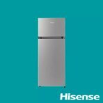 Tall stainless steel Hisense refrigerator with a top freezer displayed against a teal background with the Hisense logo visible