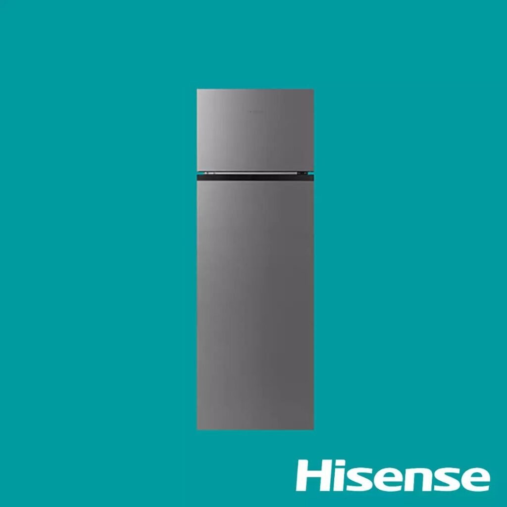 Tall stainless steel two door refrigerator top freezer shown against a teal background with the Hisense logo in the corner