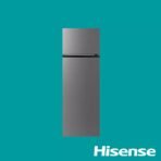Tall stainless steel two door refrigerator top freezer shown against a teal background with the Hisense logo in the corner