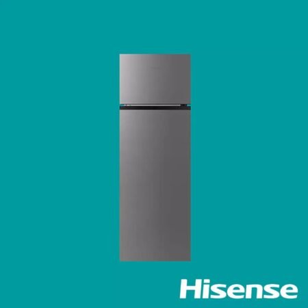 Tall stainless steel two door refrigerator top freezer shown against a teal background with the Hisense logo in the corner