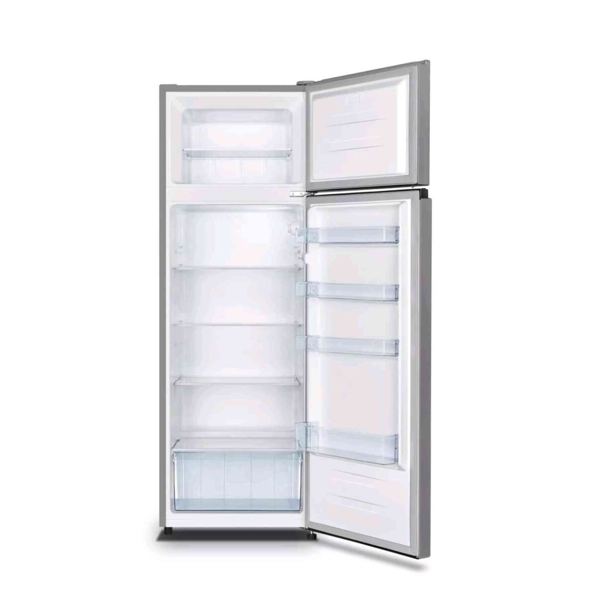 Two section refrigerator with left freezer drawer open and right fridge door swung open showing shelves and lighting inside