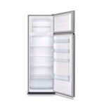 Two section refrigerator with left freezer drawer open and right fridge door swung open showing shelves and lighting inside