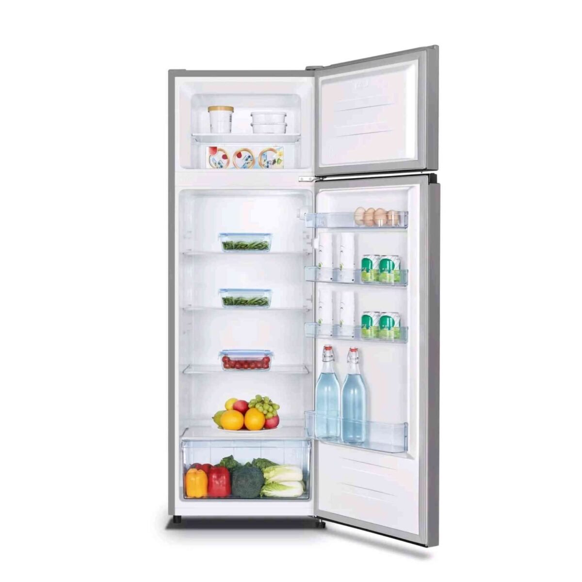 Open refrigerator showing shelves with yogurt cups eggs bottles and fresh produce
