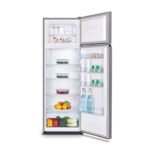 Open refrigerator showing shelves with yogurt cups eggs bottles and fresh produce