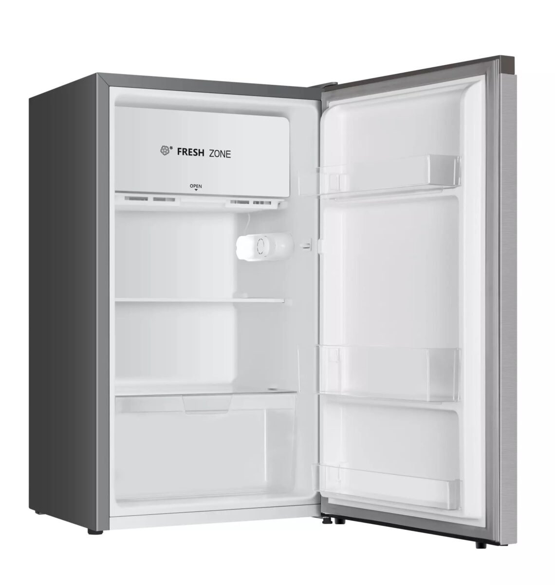 Open refrigerator with freezer on top displaying Fresh Zone panel and empty shelves inside
