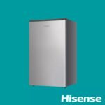 Tall stainless steel refrigerator on a teal background with Hisense branding in the bottom right