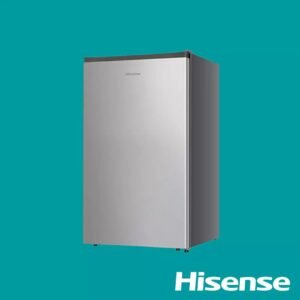 Tall stainless steel refrigerator on a teal background with Hisense branding in the bottom right