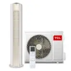 TCL air conditioning system with a tall vertical indoor unit a nearby outdoor condenser with a large fan and a remote control