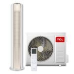 TCL air conditioning system with a tall vertical indoor unit a nearby outdoor condenser with a large fan and a remote control
