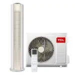 TCL air conditioning system with a tall vertical indoor unit a nearby outdoor condenser with a large fan and a remote control