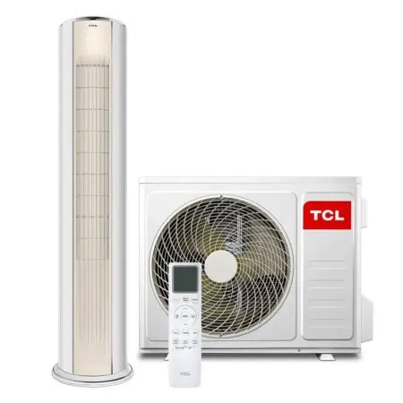 TCL air conditioning system with a tall vertical indoor unit, a nearby outdoor condenser with a large fan, and a remote control