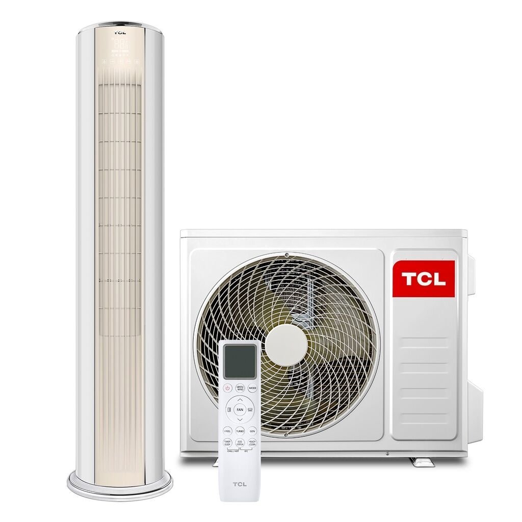 TCL air conditioning system with a tall vertical indoor unit a nearby outdoor condenser with a large fan and a remote control
