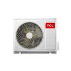 White TCL outdoor air conditioner unit with a circular fan grille on the front panel