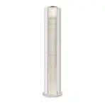 Tall chrome pedestal tower fan with a beige front grille on a circular base for cooling air circulation