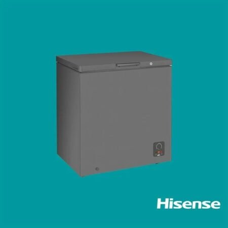 Gray Hisense chest freezer with a top opening lid against a teal background