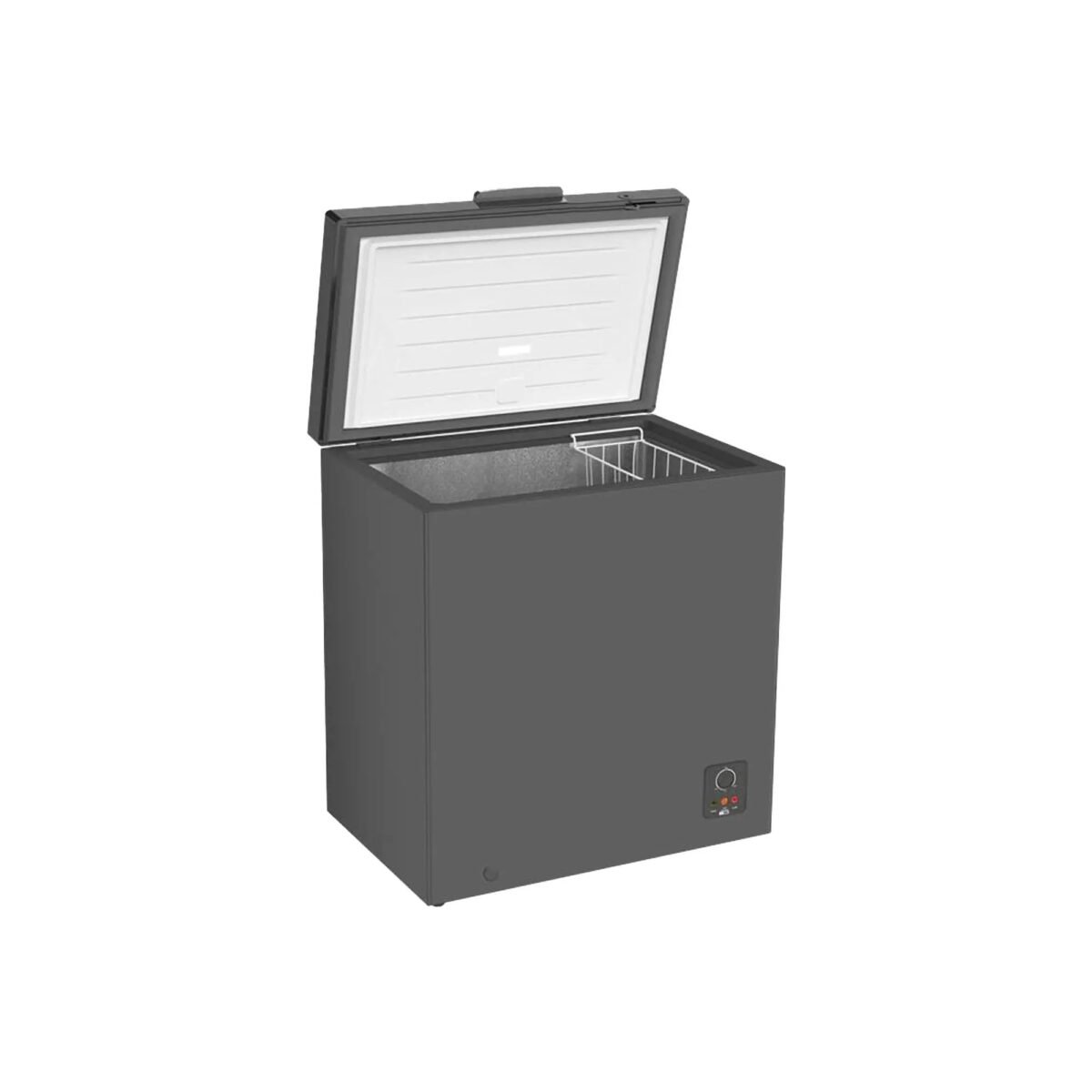 Chest freezer with the lid open showing an empty cooled interior and a small control panel on the front