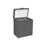 Chest freezer with the lid open showing an empty cooled interior and a small control panel on the front