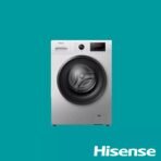 Front loading Hisense washing machine on a teal background with digital display and control dial visible