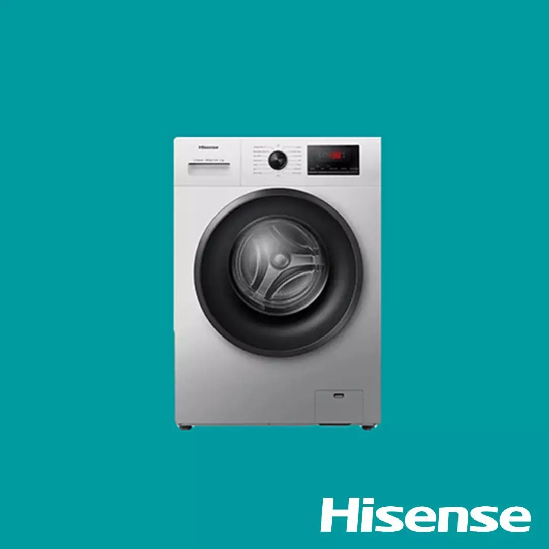 2022121010956659jpg | Mitos Shoppers Front loading Hisense washing machine on a teal background with digital display and control dial visible