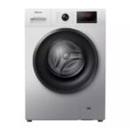 Front loading Hisense washing machine with a large circular door control dial and digital display on a silver cabinet