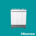 White top loading washing machine with teal control panel on a teal background Hisense logo in bottom right corner