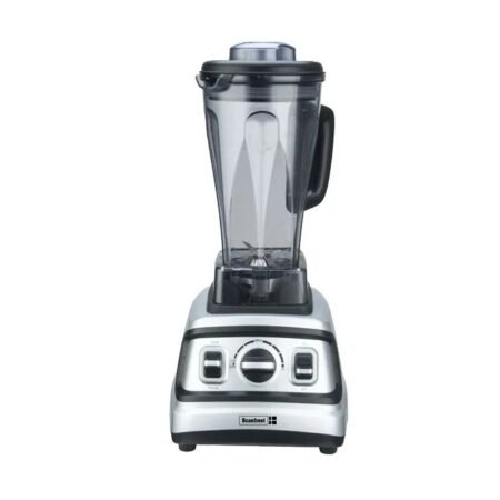 High-powered blender with a tall transparent pitcher and silver base on a kitchen counter.