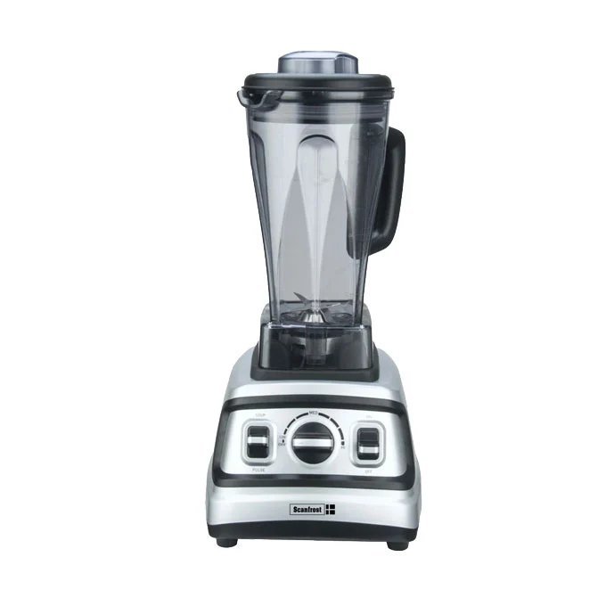 High powered blender with a tall transparent pitcher and silver base on a kitchen counter