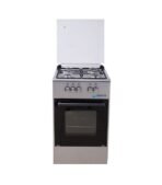 Stainless steel gas stove with four burners oven door and a white range hood above