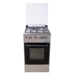 Freestanding stainless steel gas range with four burners and a front oven door lid open on top