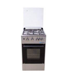 Freestanding stainless steel gas range with four burners and a front oven door lid open on top