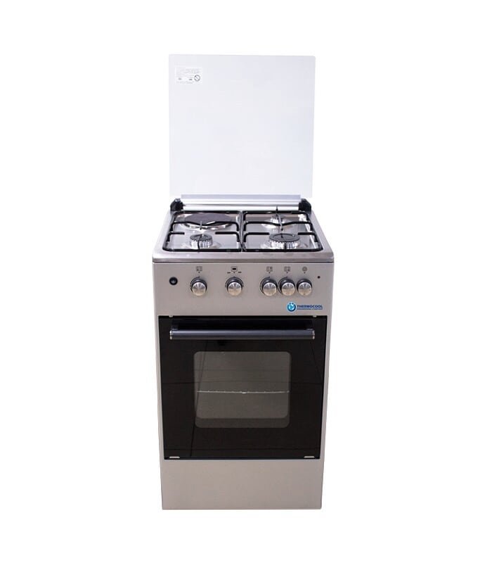 Freestanding stainless steel gas range with four burners and a front oven door lid open on top