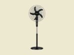 Standing pedestal fan with a round grille and black blades on a slim adjustable pole and base