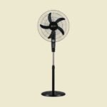 Standing pedestal fan with a round grille and black blades on a slim adjustable pole and base