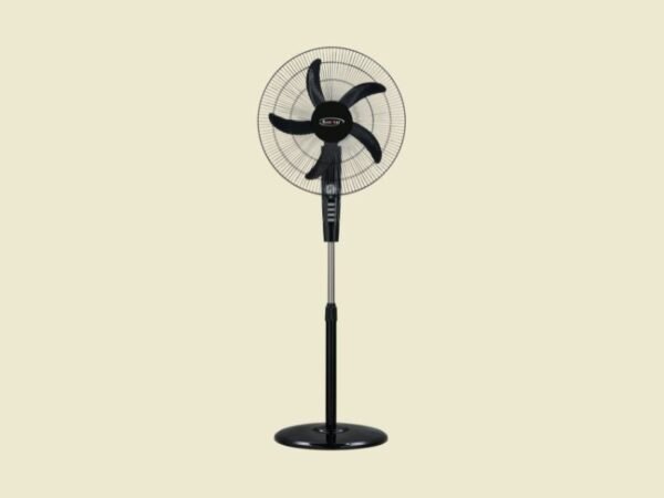 Standing pedestal fan with a round grille and black blades on a slim adjustable pole and base.