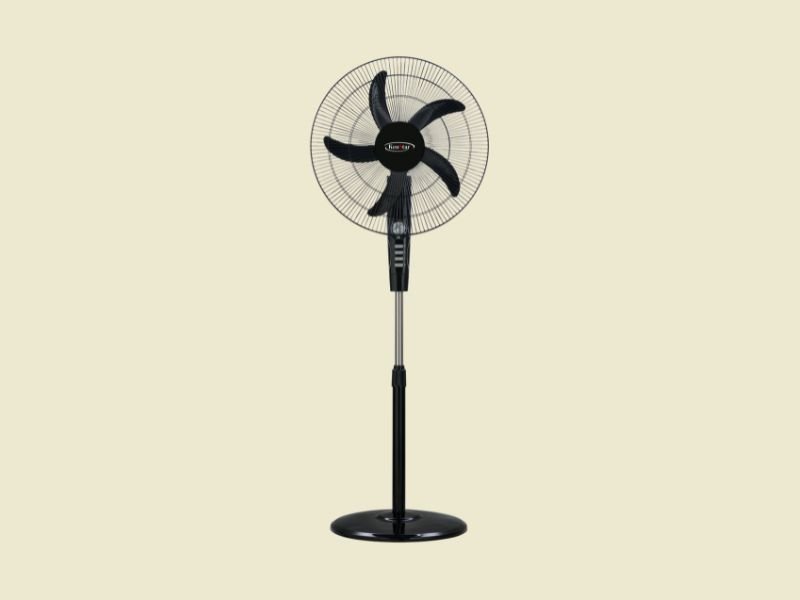 Standing pedestal fan with a round grille and black blades on a slim adjustable pole and base