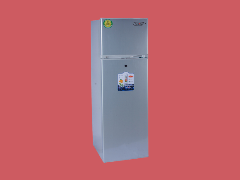 Tall silver refrigerator with a top freezer set against a red background Kenstar 168L double door refrigerator KSD 235S
