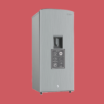Tall stainless steel water dispenser with a single spout and a control panel on the front set against a red background