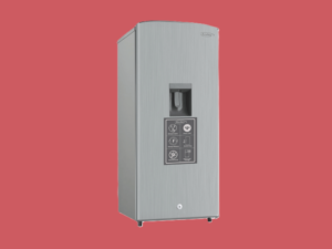 Tall stainless steel water dispenser with a single spout and a control panel on the front set against a red background