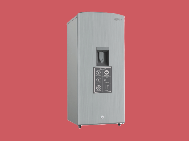 2023031011062566png | Mitos Shoppers Tall stainless steel water dispenser with a single spout and a control panel on the front set against a red background