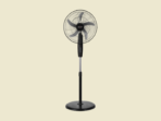 Black pedestal standing fan with a round grille on a beige background ready to cool a room