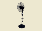 Black pedestal fan with circular grille on a tall pole mounted on a round base against a light beige background