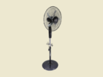 Black pedestal standing fan with circular metal grille on a light beige background