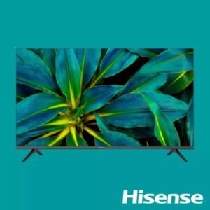 Hisense television on a teal background screen showing a close up of green blue leaves