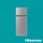 Stainless steel Hisense bottom freezer refrigerator on a teal background