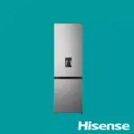 Stainless steel Hisense bottom freezer refrigerator with water dispenser shown against a teal background
