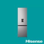Stainless steel Hisense bottom freezer refrigerator with water dispenser shown against a teal background
