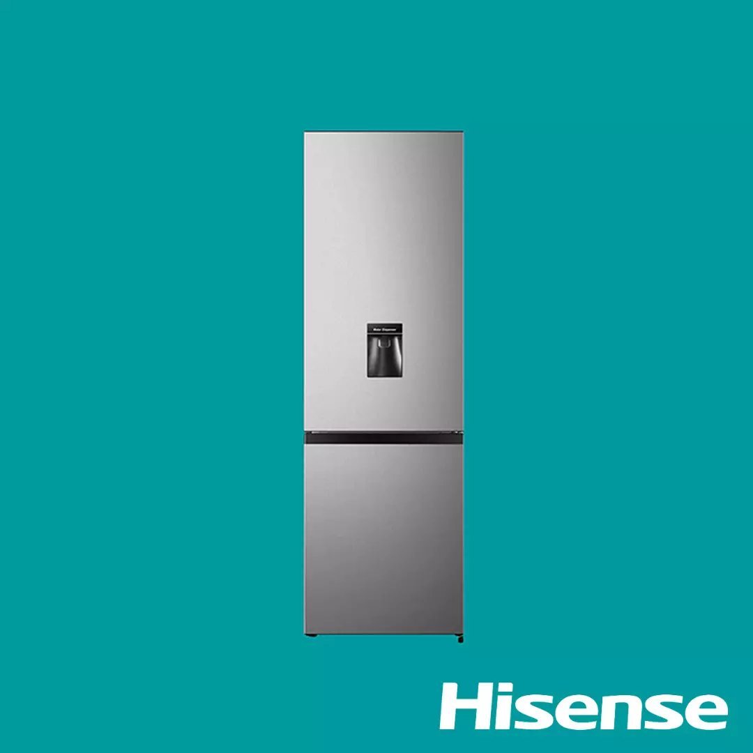 2023081010948412jpg | Mitos Shoppers Stainless steel Hisense bottom freezer refrigerator with water dispenser shown against a teal background