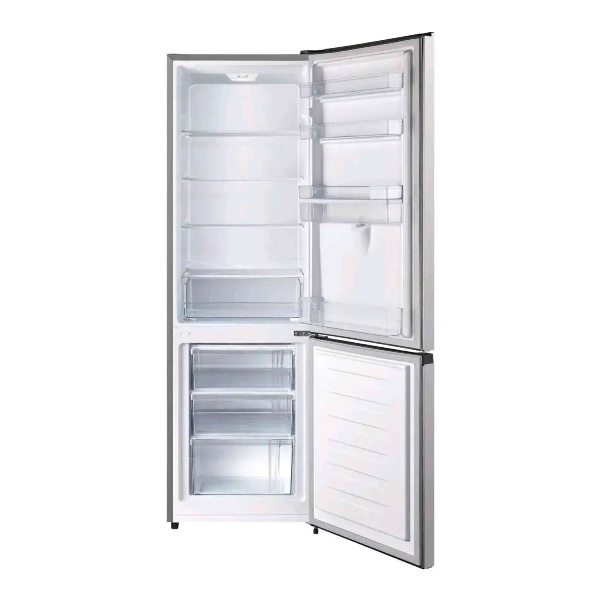 Tall stainless steel refrigerator door open to reveal empty shelves and door bins showing interior layout